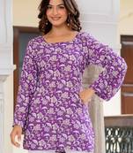 Purple floral printed cotton tunic short kurti top for women