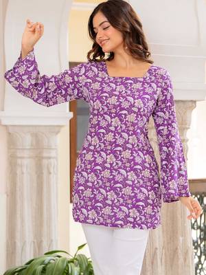 Purple floral printed cotton tunic short kurti top for women 4