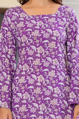 Purple floral printed cotton tunic short kurti top for women