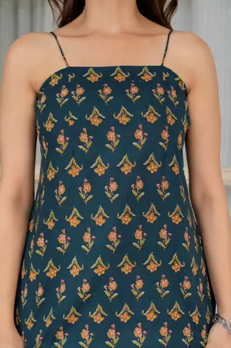 Teal floral printed cotton tunic short kurti top for women
