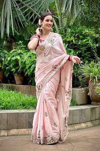 Light Pink Dolla Silk blend Party Wear Saree With Contrance Blosue Peice