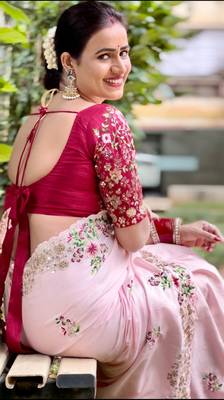 Light Pink Dolla Silk blend Party Wear Saree With Contrance Blosue Peice 4