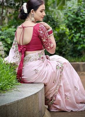 Light Pink Dolla Silk blend Party Wear Saree With Contrance Blosue Peice 5