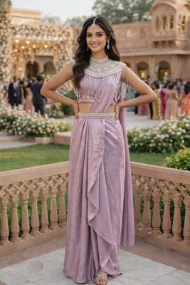 Graceful women's lavender embroidered ready to wear satin saree with stiched blouse 1
