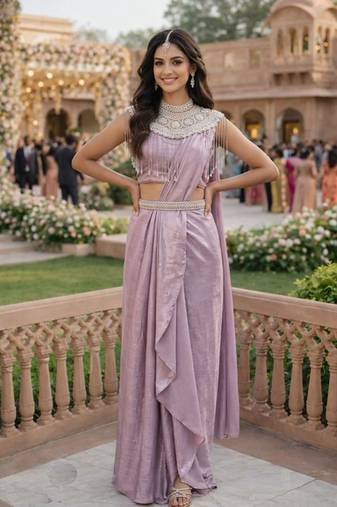 Graceful women's lavender embroidered ready to wear satin saree with stiched blouse