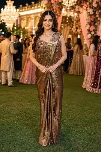 Women's stylish brown satin ready to wear saree with stiched blouse -perfect for party & festive