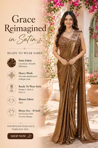 Women's stylish brown satin ready to wear saree with stiched blouse -perfect for party & festive