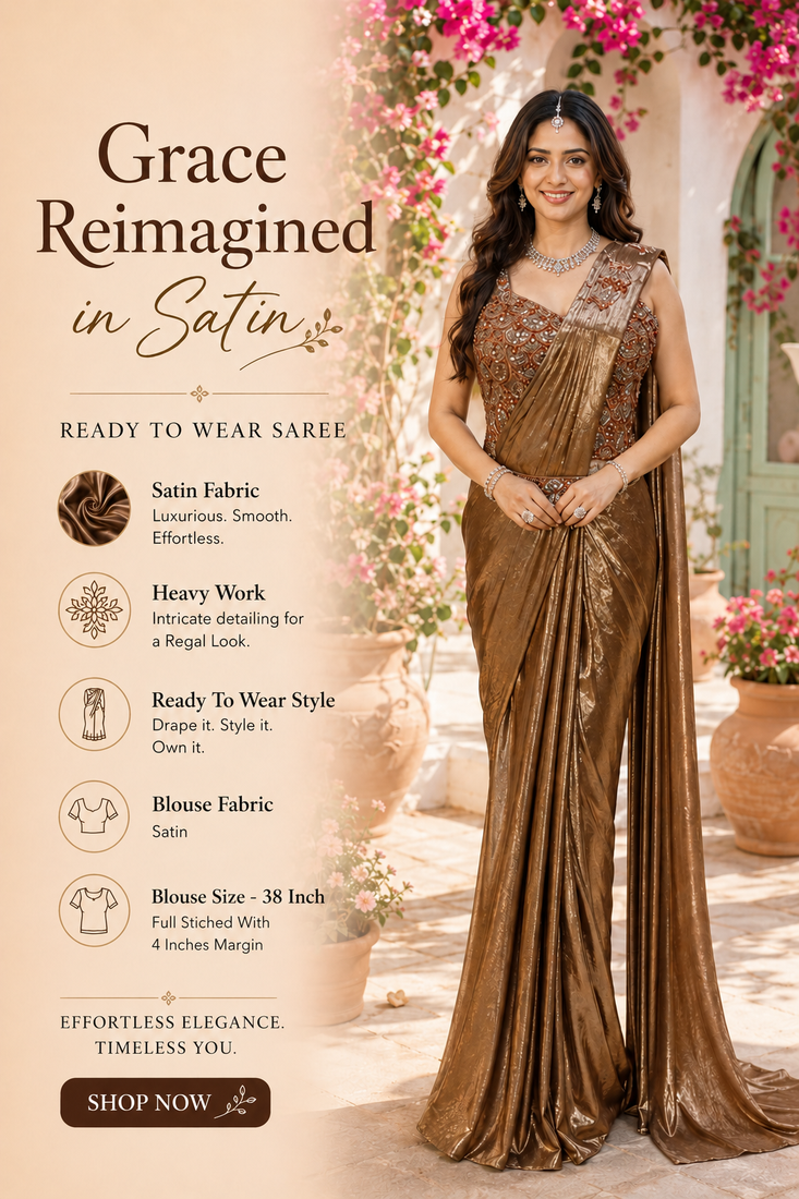 Women's stylish brown satin ready to wear saree with stiched blouse -perfect for party & festive