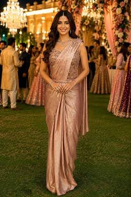 Women's stylish blush pink satin ready to wear saree with stiched blouse -perfect for party & festive 1