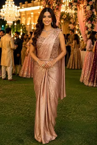 Women's stylish blush pink satin ready to wear saree with stiched blouse -perfect for party & festive