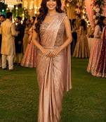 Women's stylish blush pink satin ready to wear saree with stiched blouse -perfect for party & festive