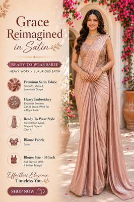 Women's stylish blush pink satin ready to wear saree with stiched blouse -perfect for party & festive 2