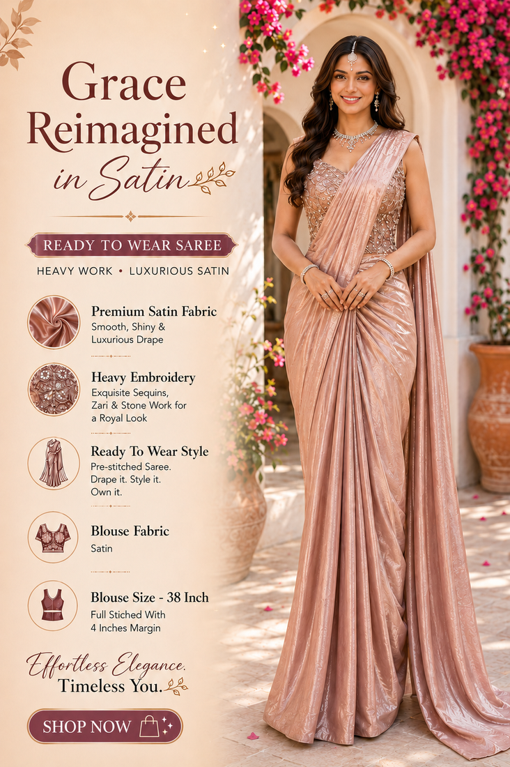 Women's stylish blush pink satin ready to wear saree with stiched blouse -perfect for party & festive
