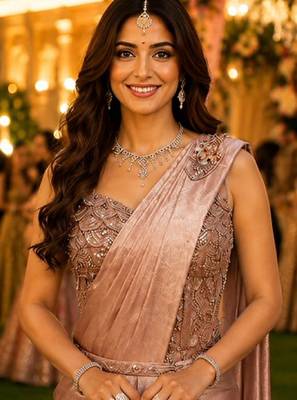 Women's stylish blush pink satin ready to wear saree with stiched blouse -perfect for party & festive 3