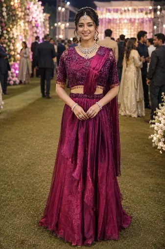 Designer wine fandy satin ready-to-wear saree with embroidered stiched blouse     wedding & party wear