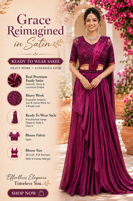 Designer wine fandy satin ready-to-wear saree with embroidered stiched blouse     wedding & party wear 2