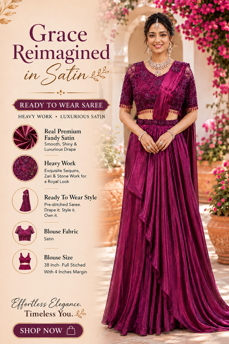 Designer wine fandy satin ready-to-wear saree with embroidered stiched blouse     wedding & party wear