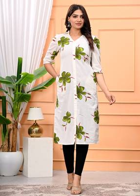 Green floral printed cotton tunic short kurti top for women 1