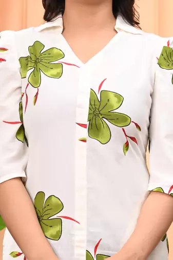 Green floral printed cotton tunic short kurti top for women
