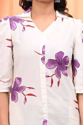 Purple floral printed cotton tunic short kurti top for women