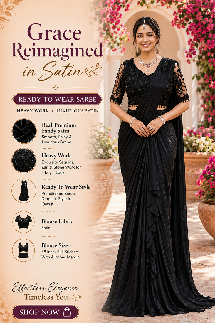 Designer black fandy satin ready-to-wear saree with embroidered stiched blouse     wedding & party wear