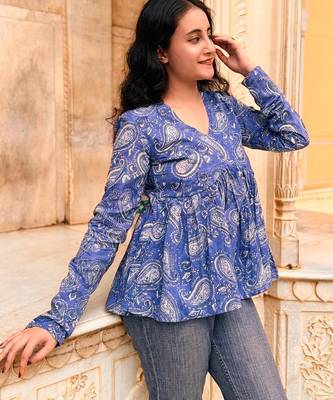 Blue floral printed cotton tunic short kurti top for women 2