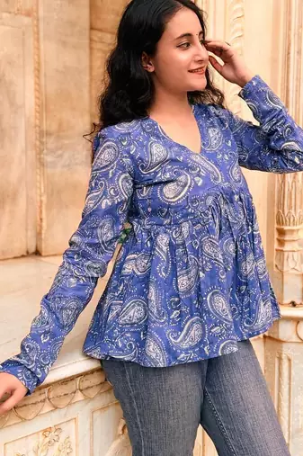 Blue floral printed cotton tunic short kurti top for women