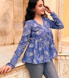 Blue floral printed cotton tunic short kurti top for women