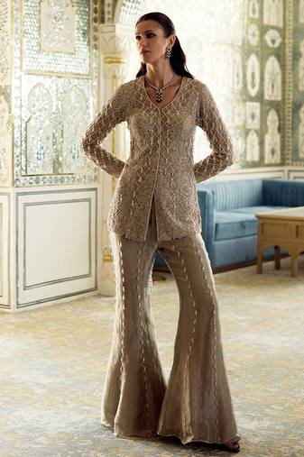 Champagne gold embroidered tissue jacket kurta sharara set