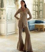 Champagne gold embroidered tissue jacket kurta sharara set