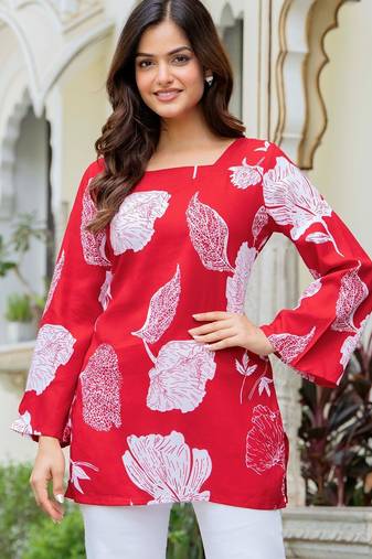 Red floral printed cotton tunic short kurti top for women