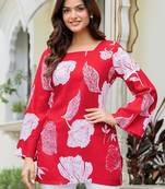 Red floral printed cotton tunic short kurti top for women