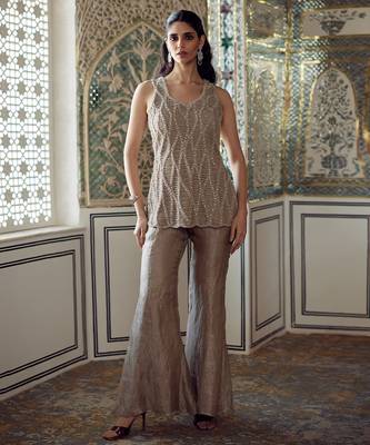 Champagne gold embroidered tissue short kurta sharara set 1