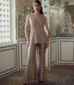 Champagne gold embroidered tissue short kurta sharara set