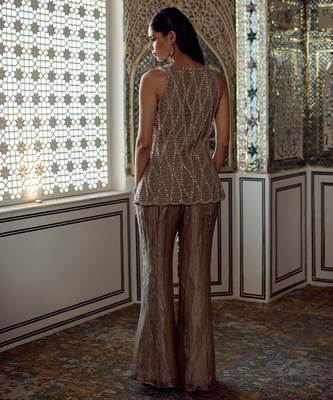 Champagne gold embroidered tissue short kurta sharara set 2