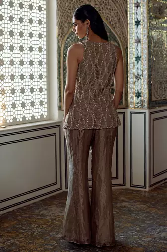 Champagne gold embroidered tissue short kurta sharara set