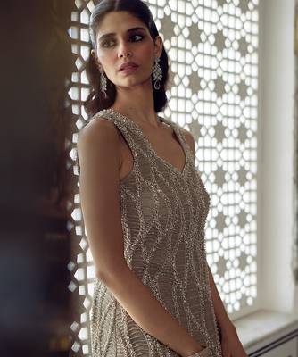 Champagne gold embroidered tissue short kurta sharara set 3