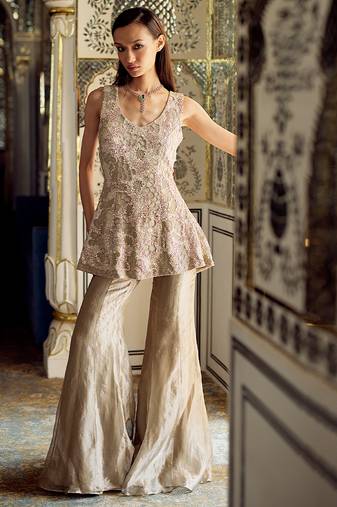 Metallic gold embellished tissue peplum kurta sharara set