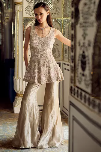 Metallic gold embellished tissue peplum kurta sharara set
