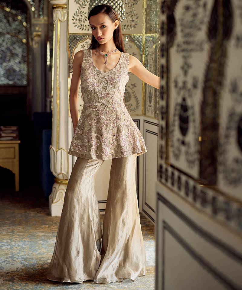 Metallic gold embellished tissue peplum kurta sharara set