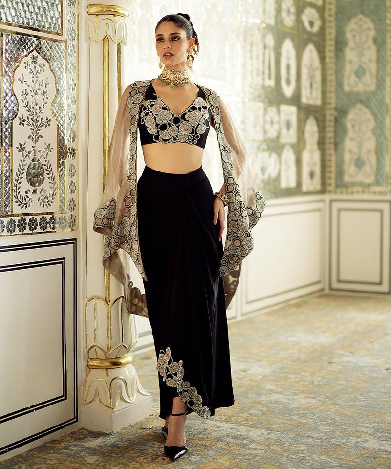 Deep black embroidered tissue skirt cape set