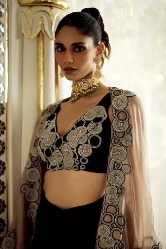Deep black embroidered tissue skirt cape set
