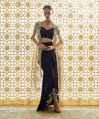 Black embroidered cape tissue skirt set 1