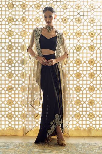 Black embroidered cape tissue skirt set