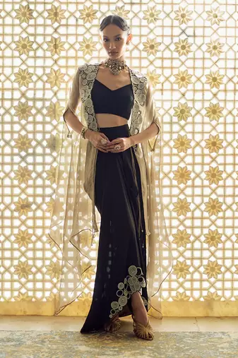 Black embroidered cape tissue skirt set