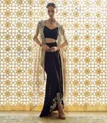 Black embroidered cape tissue skirt set