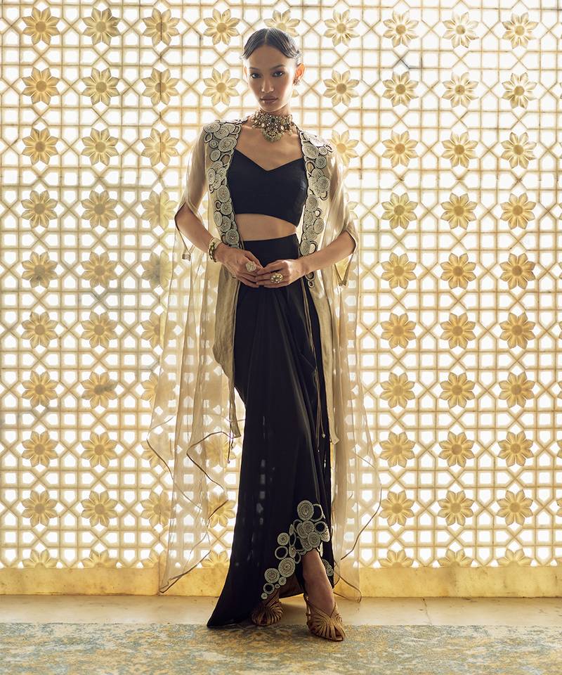 Black embroidered cape tissue skirt set