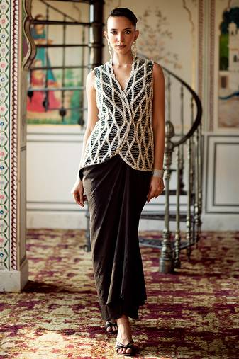 Black embroidered organza jacket skirt set