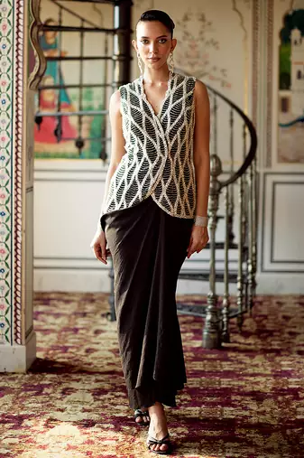 Black embroidered organza jacket skirt set