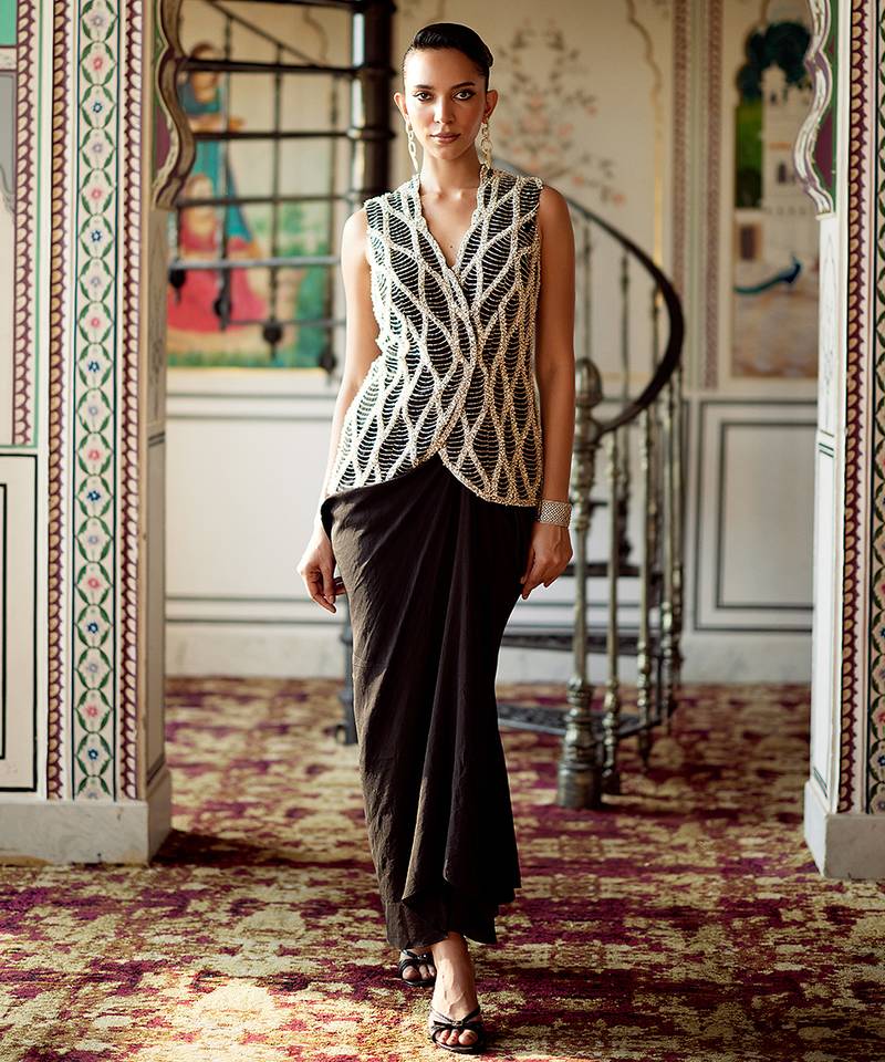 Black embroidered organza jacket skirt set